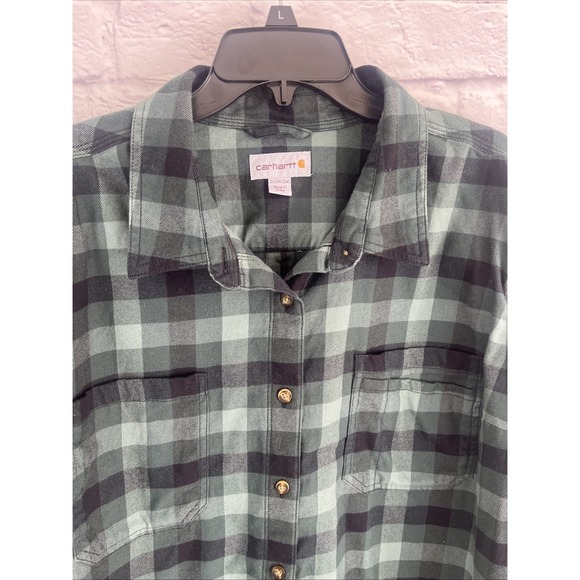 Carhartt Women's Green Black Button Down Flannel Rustic Gorpcore Shirt Size 3X - Picture 2 of 9